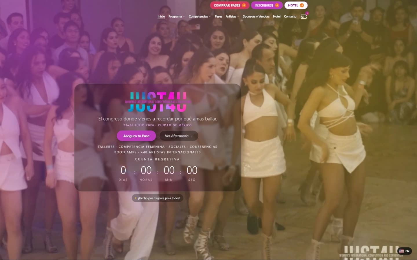 Página de inicio de Just4uDance con cuenta regresiva y accesos a compra de pases