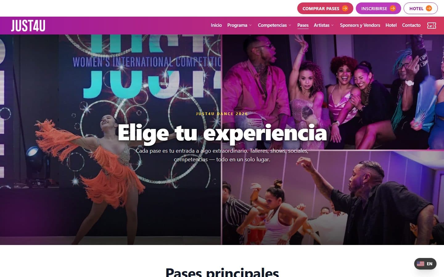 Página de pases de Just4uDance con las opciones de experiencia
